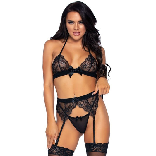 LEGAVENUE - ensemble lingerie sensuel trois pièces haut, porte-jarretelles et string