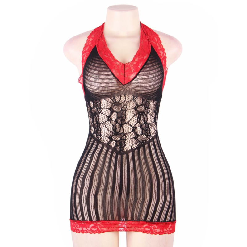 QUEEN LINGERIE - CHEMISE CROCHET NOIR ET ROUGE S/L