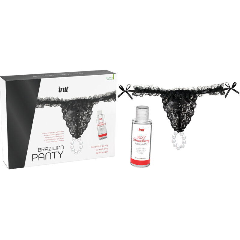 INTT RELEASES - CULOTTE BRÉSILIENNE NOIRE AVEC PERLES ET GEL LUBRIFIANT 50 ML