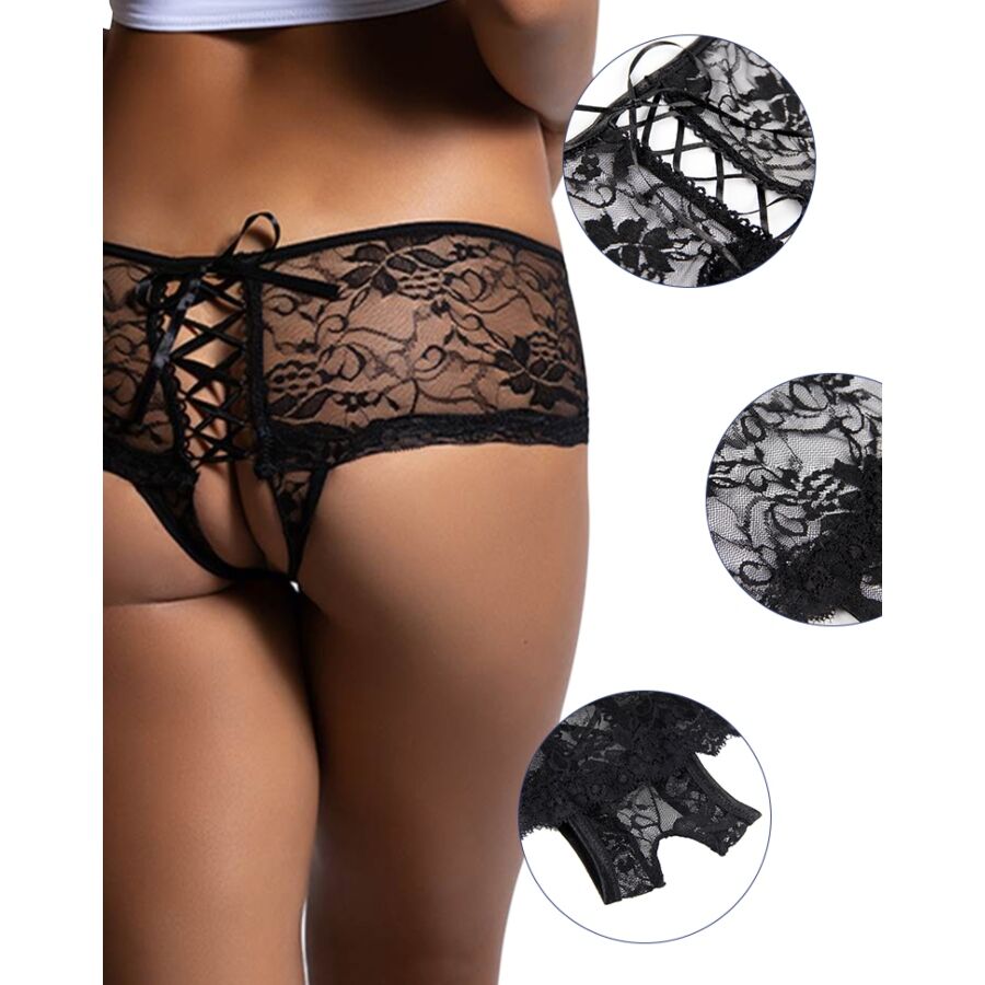 QUEEN LINGERIE - string dentelle avec motifs de fleur ouverture dos