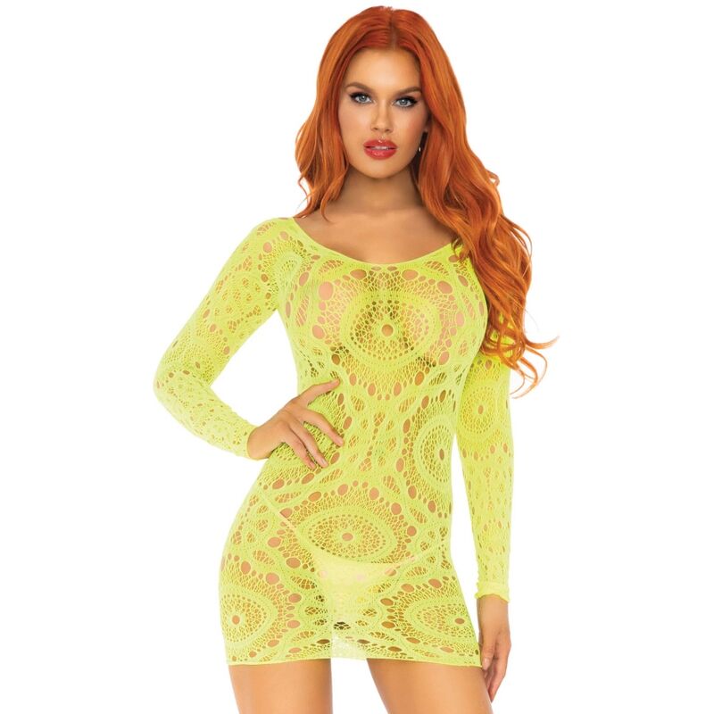 LEG AVENUE - MINI ROBE EN DENTELLE CROCHET  MANCHES LONGUES NÉON TAILLE UNIQUE